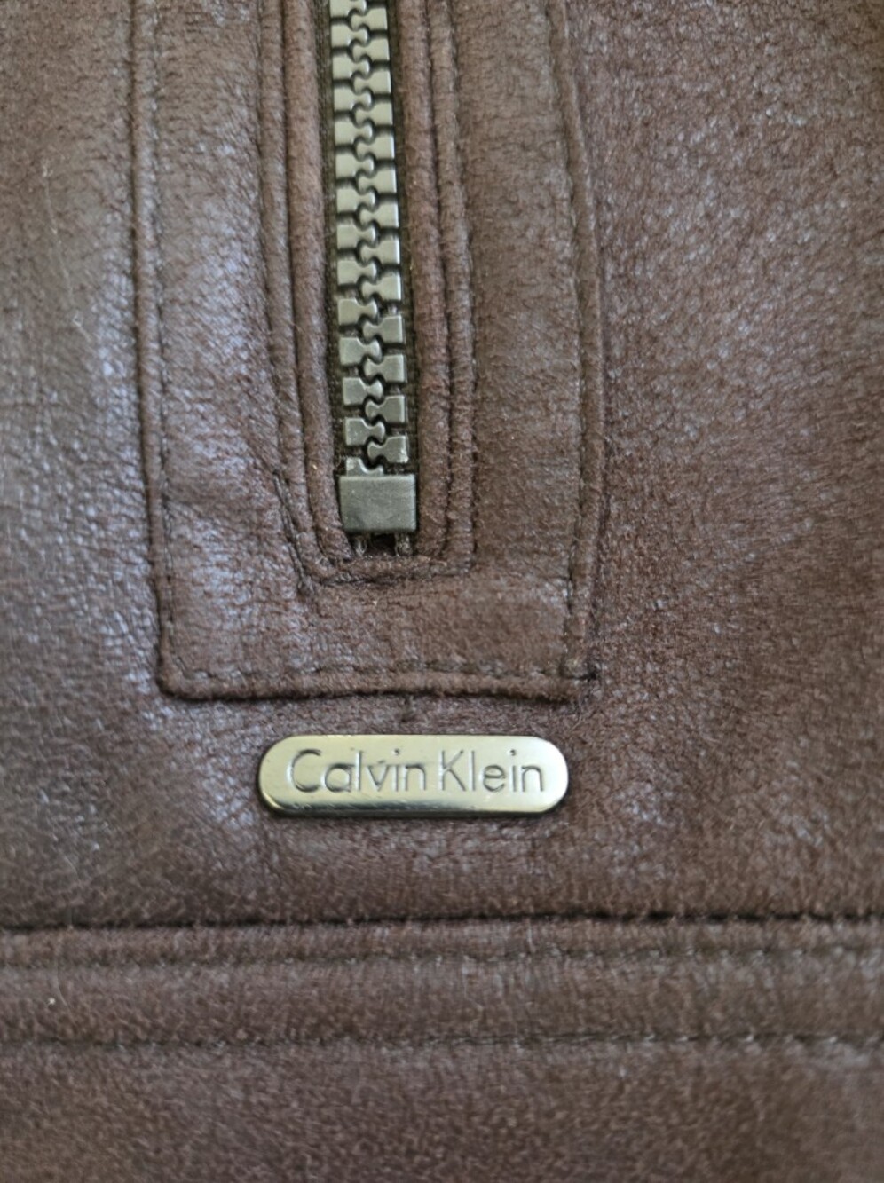 Calvin Klein Mens XL Dark Brown Faux Shearling Leather Bomber Jacket - Picture 8 of 9